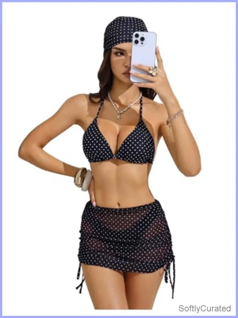 Women's 4 Piece Polka Dot Bikini Set with Cover Up Skirt & Bandana